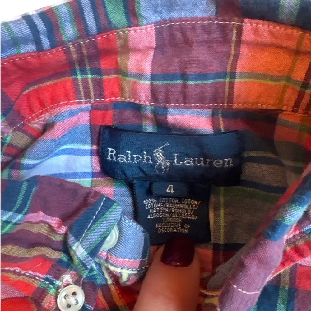 Ralph Lauren red blue checkered long sleeve boys button up‎ dress shirt SIZE 4